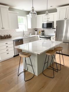 a kitchen with an island and three stools