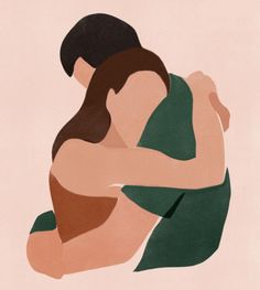 two people hugging each other in front of a pink background