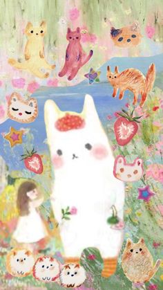 a painting of a cat surrounded by other cats and kittens, with flowers in the background