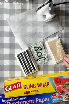 a table topped with different types of wrapping paper