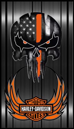 the harley davidson logo with an american flag in the center and two skulls on it