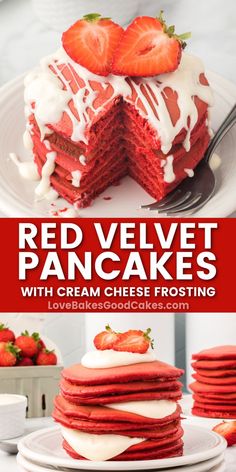 Red Velvet Pancakes pin collage Red Velvet Pancake, Pancakes Cake, Red Velvet Pancakes, Make Breakfast, Cream Cheese Frosting Recipe, Valentines Day Food, Fruit Breakfast, Fluffy Pancakes, Delicious Breakfast Recipes