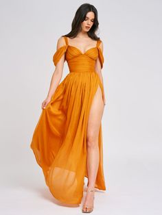 Jelani Layered Mesh High-Slit Drape Maxi Dress Orange Bridesmaid, Satin Corset Dress, High Waist Long Skirt, Orange Maxi Dress, Drape Maxi Dress, Long Skirt Outfits, Circle Dress, Plain Dress, Bodycon Floral Dress