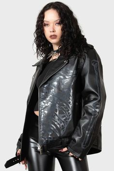 CRANIOCAUDAL.- Faux leather biker jacket.- Statement black-on-black print.- Zip up closure.- Belt detail.- Zip closure pockets.- Cuff zips.- Fitted.- Fully lined.- Unisex, so it's for everyone.Model is 5ft 7 and wears a size L.KILLSTAR branding, 100% PU. Leather Jacket Girl, 2010 Fashion, Vinyl Clothing, Womens Biker Jacket, Faux Leather Biker Jacket, Shiny Leggings, Clothing Patches, Denim Material, Leather Biker Jacket