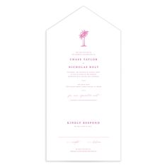 the palm tree wedding program card is shown in pink and white, with an envelope