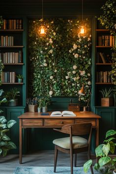 80+ Moody Office Ideas to Set the Tone of Your Workspace Green Music Room, Emerald Green Office, Office Music Room, Home Office Dark, Moody Office