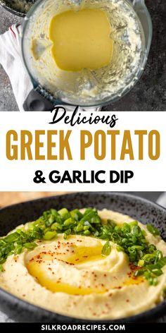 delicious greek potato and garlic dip recipe with text overlay