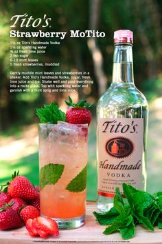 a strawberry mojito next to a bottle of tiq's strawberry mojito