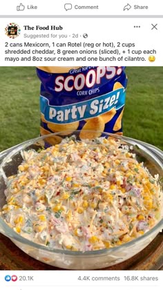 an image of a bowl of food on top of a table with the words scoops party size