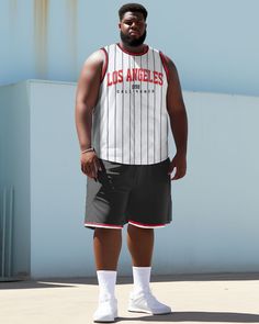 Bring the spirit of Los Angeles to your workout wardrobe with the Men's Plus Size Los Angeles Tank Top Athletic Two Piece Set. This set combines the laid-back vibe of LA with the practicality of athletic wear, featuring a tank top and matching bottoms with a Los Angeles-themed design. You can wear it to basketball games, training or casual sports events to show your love for basketball and your personal style. Style: Two Piece Set Design: Los Angeles, Letter, Line, Color Matching Fit: Loose Neck White Racerback Top For Streetwear, White Sportswear Activewear For Streetwear, White Casual Muscle Tee For Gym, White Casual Muscle Tee For The Gym, White Relaxed Fit Muscle Tee For Workout, White Moisture-wicking Relaxed Fit Activewear, Sleeveless Summer Activewear For Streetwear, Sleeveless Summer Streetwear Activewear, White Athleisure Tank Top