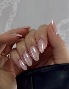 French With Pearl Chrome, Soft Pink Pearl Nails, Pink Pearl Almond Nails, Pearl Glossy Nails, Pink Pearl Nails Design, Neutral Pearl Nails, Baby Pink Pearl Nails, Pearl Colour Nails, Pearl Accent Nails