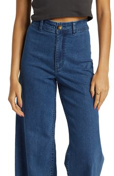 These high-waist jeans are ready for a sunset stroll with frayed hems and an easygoing wide-leg silhouette. 28" inseam; 22" leg opening; 12" front rise; 16" back rise (size 29) 98% cotton, 2% elastane Machine wash, tumble dry Imported Casual Mid-rise Wide Leg Pants With Frayed Hem, High Waist Medium Wash Flare Jeans With Frayed Hem, High Rise Cotton Wide Leg Pants With Frayed Hem, Dark Wash Flare Cropped Jeans, Dark Wash Flared Cropped Jeans, Casual Dark Wash Flare Cropped Jeans, Cropped Denim Pants With Frayed Hem, High Waist Wide Leg Pants With Frayed Hem, Summer Flare Jeans With Five Pockets In Medium Wash