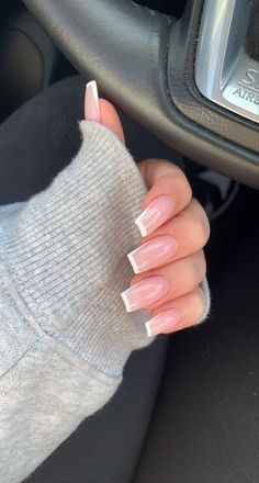 Square Acrylic Nails Summer Colour, Basic But Cute Acrylic Nails, Simple 2023 Nails, Square Neutral Acrylic Nails, French Nails With One Nail Different, Basic Nail Ideas Acrylic, Nail Ideas For Prom White, Cute Nails Square Medium, Nude Nails White Design