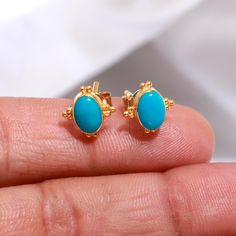 Natural Sleeping Beauty Turquoise Earrings, Solid 14k Gold Stud Earrings, Gold Earring, AA Turquoise Stud Earrings, Handmade Gold Earrings, Partywear Gold Stud Earrings, Gift For Mom Earring, Gift For Christmas Stud Earring,  SKU:      PJERTU-02 Type - Earrings Gross Weight:   1.50 gram Stone Weight:-  2 Carats Gemstone -  Natural Sleeping Beauty Turquoise Gemstone Stud Earring length-  14mm Stud Earring Weight-   9 mm Stone Size: 5x7 MM  Stone Shape -   Oval Post Size:-     .86x11 mm Butterfly Turquoise Earrings For Anniversary, Turquoise Earrings For Anniversary With Pierced Ears, Turquoise Pierced Earrings For Anniversary, Fine Jewelry Turquoise Earrings, Oval Turquoise Earrings For Anniversary, Turquoise Oval Earrings For Anniversary, Fine Jewelry Turquoise Earrings For Gift, Turquoise Pierced Earrings In Fine Jewelry Style, Turquoise Fine Jewelry Earrings