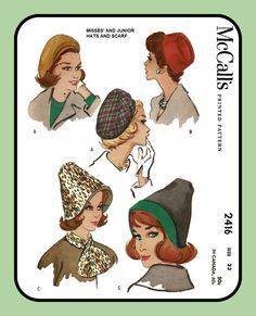 four women's hats with different patterns on them, including one wearing a hat and the