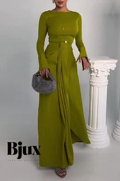 Bjux - Classic Solid Patchwork Long Sleeve Dress - Perfect for Casual Elegance Formal Green Maxi Dress For Fall, Green Maxi Evening Dress For Winter, Elegant Green Non-stretch Maxi Dress, Fitted Green Maxi Dress For Banquet, Fitted Green Maxi Dress For Fall, Long Fitted Green Dress, Green Fitted Maxi Dress For Fall, Green Fitted Long Dress, Green Non-stretch Maxi Dress For Party