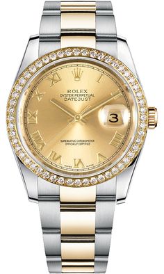 116243 | M116243-0028 ROLEX DATEJUST 36 MEN'S OR WOMEN'S LUXURY WATCH Store Display Model (What's This?) - With Manufacturer Serial Numbers - Swiss Made - Champagne Dial with Roman Numerals - Solid 18k Yellow Gold Diamond Bezel - 52 Diamonds Set on Bezel - Date Feature - Self-winding Automatic Chronometer Movement - 6 Year Warranty - Guaranteed Authentic - Certificate of Authenticity - Manufacturer Box & Manual - Solid 18k Yellow Gold with 904L Oystersteel Stainless Steel Case & Oyster Bracelet - Scratch Resistant Sapphire Crystal - 100 Meters / 330 Feet Waterproof - 36mm = 1 1/3" Case, 6" Adjustable Bracelet - Deployment Buckle - Screw Down Crown & Caseback - Free Bracelet Sizing     Also Known As Model # 116243-CHPRO Men Illustration, Men 90s, Rolex Milgauss, Rolex Cellini, Army Watches, Rolex Women, Watches Collection, Rolex Date, Oyster Perpetual Datejust