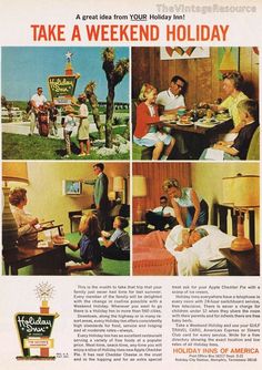 an advertisement for holiday inns from the 1950's, with pictures of people eating and drinking