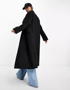 ASOS DESIGN oversized dad coat in black pinstripe | ASOS Pinstripe Single Breasted Outerwear With Lapel Collar, Striped Oversized Outerwear For Work, Trendy Oversized Striped Outerwear, Single Breasted Pinstripe Outerwear For Winter, Pinstripe Business Outerwear For Winter, Pinstripe Outerwear For Winter Workwear, Pinstripe Outerwear With Button Closure For Fall, Oversized Striped Fall Outerwear, Oversized Striped Outerwear For Fall