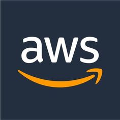 the aws logo on a dark blue background with an orange arrow pointing towards it