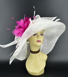 Note: Secondary color means feather flower options. ✿*.Key Features.*✿ This hat is updated on M22019 hat. A double feather flowers are attached. It's a floppy wide brim hat with big bows, two long sinamay ribbons and 4 pieces of supper long trimmed feathers except the feather flowers, very stunning and beautiful hat. Great for Kentucky derby, weddings, church, Easter, Royal Ascot, horse races, cocktails, tea party, or any hat wearing occasion. Hat base size: From front to back around : 21" (53cm Ostrich Feather Hats For Spring Races, Feathered Top Hat For Kentucky Derby Wedding, White Ostrich Feather Wedding Headpiece, Adjustable Wedding Hat With Ostrich Feathers, White Feather Trim Party Hat, Curved Brim Mini Hat With Feathers For Wedding, White Mini Hat With Feather Trim For Party, White Mini Hats With Feather Trim For Party, White Party Hat With Feather Trim