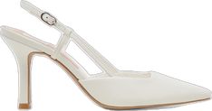 White Leather Kitten Heels With Heel Strap, Elegant Cream Slingback Pumps With 4-inch Heel, White Heels With Heel Strap For Work, Classic White Slingback Heels, Classic White Slingback Pumps, Classic White Slingback Pumps With Open Heel, White Leather Slingback Pumps With 4-inch Heel, Classic White Leather Kitten Heels, White Leather Classic Kitten Heels