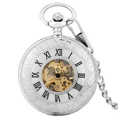 Skeleton Dial Mechanical Pocket Watch Discover the ideal present for watch aficionados: our Silver Smooth Double Full Hunter Case Steampunk Skeleton Dial Mechanical Pocket Watch with Chain. This exquisite piece is perfect for collectors, history enthusiasts, and steampunk admirers. The silver hunter case opens to a skeleton dial, revealing the meticulous craftsmanship of the mechanical watch's inner workings. Each component is hand-assembled by master watchmakers, offering an open heart design that showcases the movement's gears. Featuring a roman numeral dial, blued steel hands, and a polished silver case, this watch captures a vintage steampunk essence. It comes with a matching chain, enhancing its classic charm. Gift a piece of enduring craftsmanship with our mechanical pocket watch. It Metal Skeleton Dial Watch As Gift, Metal Skeleton Dial Watch For Gift, Metal Skeleton Dial Watch, Silver Automatic Pocket Watch As Gift, Silver Automatic Pocket Watch Gift, Silver Pocket Watch With Skeleton Dial, Silver Round Pocket Watch With Skeleton Dial, Metal Automatic Watches Perfect As Gifts, Metal Automatic Watch As Gift