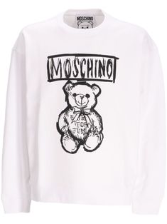 white cotton logo print to the front crew neck long sleeves ribbed cuffs and hem Moschino Sweatshirt, Teddy Bear Sweater, Moschino Teddy Bear, Teddy Bear Print, Moschino Men, Moschino Logo, Bear Print, Print Sweatshirt, White Sweatshirt