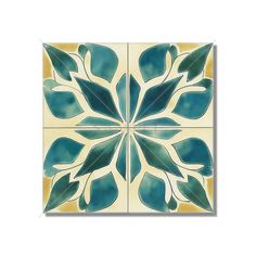 a blue and yellow tile with leaves on it