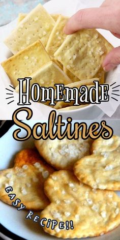 homemade saltine crackers on a white plate with text overlay reading homemade saltine crackers