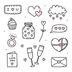 hand drawn valentine's day doodles with hearts, envelopes and other items