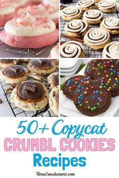 the collage shows different types of cookies and desserts with text overlay that reads 50 + copycat crumbl cookies recipes