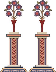 two tall vases with flowers in them sitting on top of each other's bases