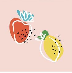 two strawberries and a lemon on a pink background with black dots in the middle