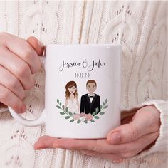 a person holding a coffee mug in their hands with the couple on it's wedding day