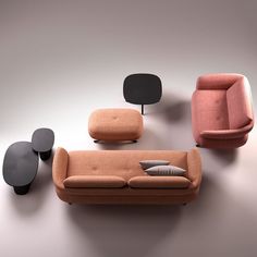 three different colored couches and tables on a gray background with one black, the other pink