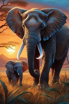 an elephant and its baby are standing in the grass at sunset with trees behind them