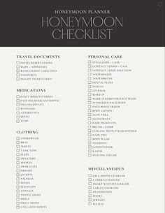 the honeymoon checklist is shown in black and white