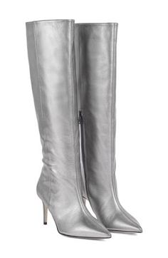 Give your look a glam finish with this Italian-crafted knee-high boot in a scene-stealing metallic finish. Inset side-zip closure Leather upper/synthetic and leather lining/synthetic sole Made in Italy This brand is certified with the Butterfly Mark, which identifies luxury brands that adhere to social and environmental best practices This brand meets Nordstrom Responsible Brands criteria: brand adheres to responsible social and environmental practices Silver Knee-high Evening Boots, Silver Knee-high Boots For Night Out, Elegant Silver Knee-high Boots, Fitted Silver Glamorous Knee-high Boots, Glamorous Metallic Knee-high Boots, Glamorous Silver Knee-high Boots, Silver Leather Knee-high Boots, Silver Fitted Knee-high Boots, Metallic Leather Boots For Night Out