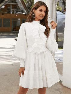 A-Line Elegant Vintage Party Wear Wedding Guest Valentine's Day Dress High Neck Long Sleeve Short Mini Cotton with Ruffles Valentine's Day Dress, Dress High Neck, Stitching Dresses, Valentines Day Dresses, Mob Dresses, Evening Dresses Cocktail, Vintage Party, Cotton Midi Dress, High Neck Long Sleeve