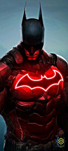 the dark knight in batman's costume is glowing red