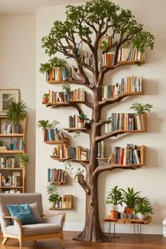 a living room with bookshelves and a tree in the corner on the wall