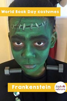 a man with green face paint and words on his forehead reading world book day costumes