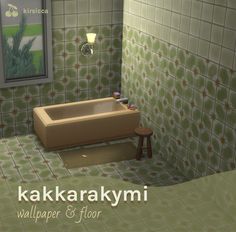 a bathroom with green and brown tiles on the walls, floor and bathtub in the corner