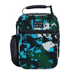 a blue and green camo lunch bag with black handles on the front, side view