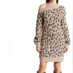 Steve Madden Women's Size: Xs Animal Pattern Shows Off Your Wilder Side Long-Sleeve Balloon Sleeve Sweater Dress Off-The-Shoulder Neckline $135 Msrp Nwt - New With Tags 75% Polyester, 22% Acrylic, 3% Elastane Approximate Flat Lay Measurements Pit To Pit: 19" Length: 32" Fun, Statement, Animal Print, Cheetah, Leopard, Neutral Colors, Fall, Winter, Layer, Comfort, Warm, Y2k, 90s Neutral Sweater, Balloon Sleeve Sweater, Neutral Sweaters, Y2k 90s, Animal Pattern, Sweater Sleeves, Sleeve Sweater, Neutral Colors, Flat Lay