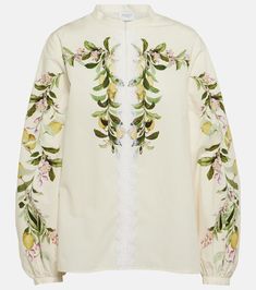 Embroidered cotton blouse in white - Giambattista Valli | Mytheresa Cream Cotton Top With Floral Embroidery, Elegant Cotton Blouse With Floral Embroidery, Long Sleeve Cream Cotton Blouse, Cream Embroidered Cotton Tops, Elegant Cotton Blouse With Floral Print, Elegant Cotton Floral Print Blouse, Yellow Embroidered Cotton Shirt, Cream Cotton Blouse With Floral Embroidery, Yellow Cotton Long Sleeve Blouse