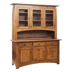 a wooden hutch with glass doors and drawers on the front, against a white background