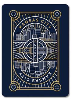 the kansas city playing card is shown in blue and gold, with an intricate design on it