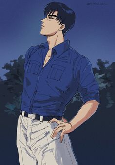 a man in blue shirt and white pants with his hands on his hips